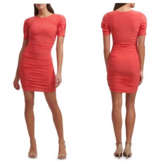Guess Dress NWT Ruched Bodycon Short Sleeve Mini Puff Sleeve Red Women's Large - Picture 2 of 6